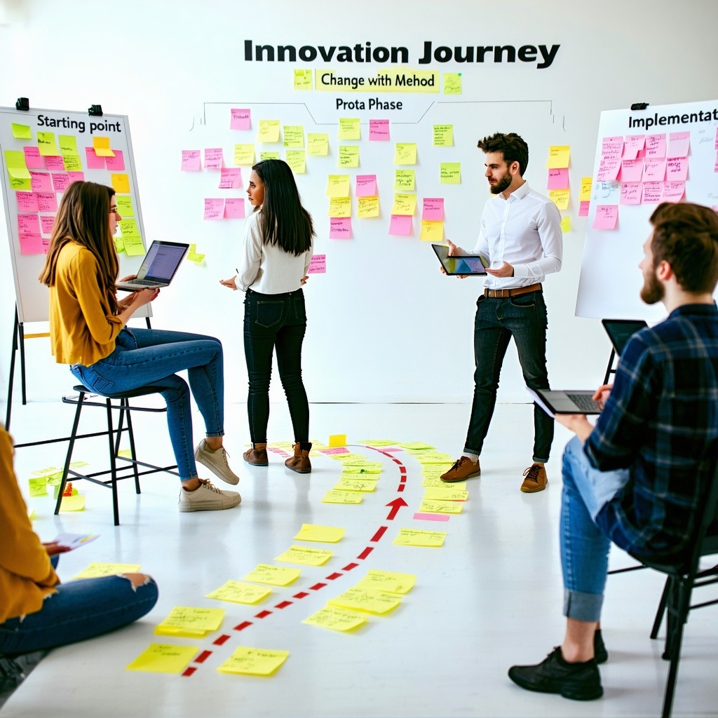 A group of people in a creative workshop setting surrounded by sticky notes whiteboards and digital tools like laptops and tablets Signs around the room read Starting Point Idea Phase Prototype Test and Implementation symbolizing a journey A path or