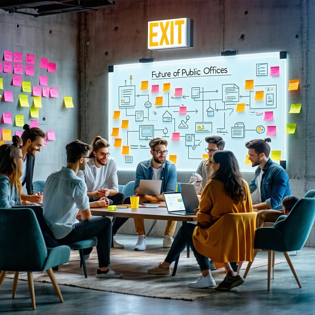 A modern escape roomstyle workshop setting where a small group of public administration employees dressed casually collaborate around digital tools and sticky notes The environment looks creative and dynamic with signs like Citizen Services Future of-1