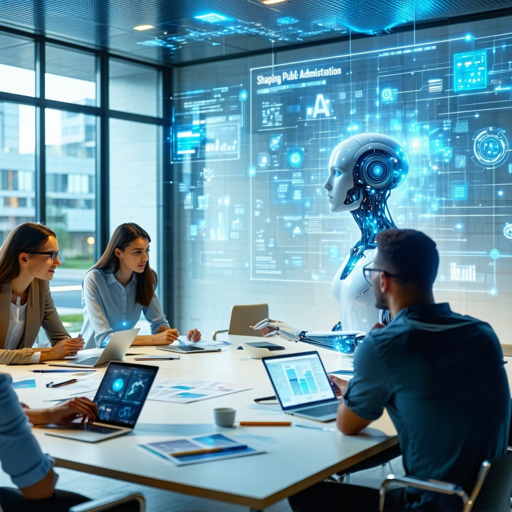 A modern town hall with bright open spaces Public administration employees are working together with an artificial intelligence systemrepresented by a holographic interface or a digital assistant on a large screen Tablets documents and digital tools-1