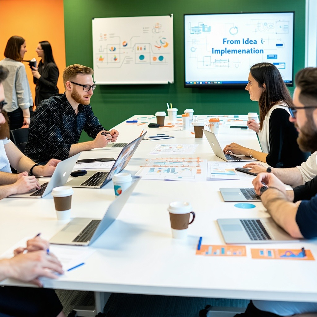 A project room where public administration staff are working together with external partners around a large table On the table are project plans laptops coffee cups and a few simple prototypes On the wall theres a sign that reads From Idea to Impleme