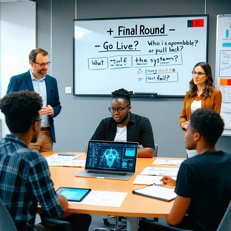 A room set up like a final review or pitch situation In the center a laptop displays the AI system Across the table three evaluators sit observing closely Public administration staff stand nearby with notes and printed documents A sign on the wall re