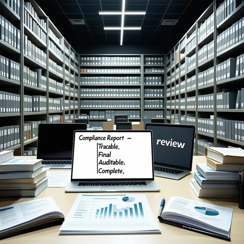 A room that looks like a hybrid between an archive and a modern compliance office Shelves filled with folders line the walls while desks with laptops display spreadsheets and documentation templates A large screen reads Compliance Report  Final Revie-1