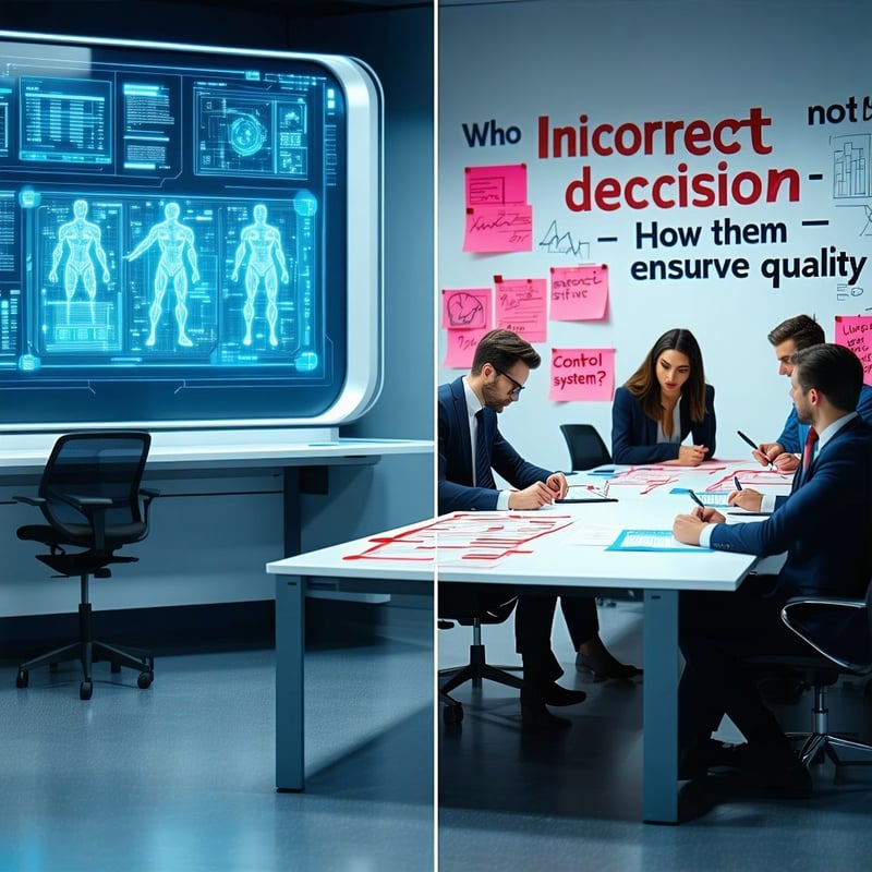 A room with two clearly defined zones One side shows an automated AI workstation with a large screen displaying live decisionssuch as citizen service requests being categorized by the AI On the other side a group of public employees sits at a table r-1