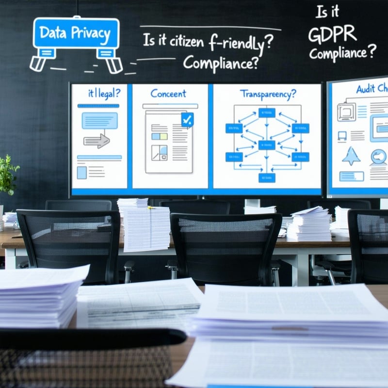 An escape room space focused on data protection and transparency The room contains desks with documents monitors showing a data flow diagram and signs like Data Privacy Transparency and GDPR Compliance Public administration staff are reviewing privac-2