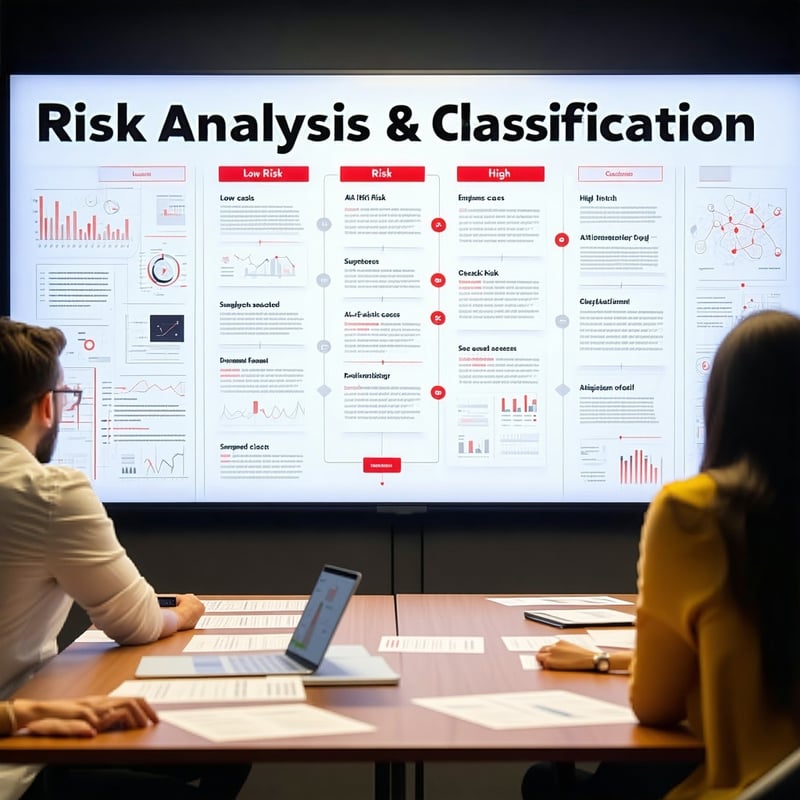 An escape roomstyle setting designed like a decision lab A large screen or board displays the title Risk Analysis Classification Public sector employees are gathered around an interactive decision chart with various AI use cases Some are labeled Low-2